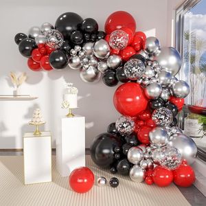 Kit Arco di Palloncini in Lattice Nero Rosso Metallizzato con Coriandoli Argentati, 147 Pezzi di Diverse Dimensioni per Feste di Compleanno - Product Image 1