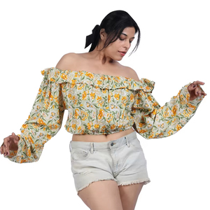 Women's Polyester Printed Floral Off Shoulder Crop <b>Top</b> Manufacturer - Product Image 1