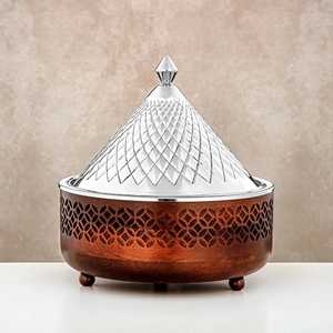 จานเสิร์ฟทรงกรวยสีเงินพร้อมฝาปิดลายเพชร ฐานไม้ ดีไซน์ลายดอกไม้ฉลุ ภาชนะบุฟเฟ่ต์ระดับพรีเมียม - Product Image 2