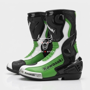 Bottes de course pour moto Kawasaki, cuir vert et blanc, chaussures de sport à blocs de couleur - Product Image 4