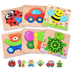 Kidology Juego de rompecabezas de madera - Paquete de 6 juguetes Montessori con forma de animales para niños, juego educativo preescolar para aprendizaje temprano - Product Image 1