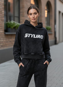 Sweat-shirt à capuche pour femme en mélange de coton, noir délavé, imprimé lettres, décontracté, pour l'automne - Product Image 5