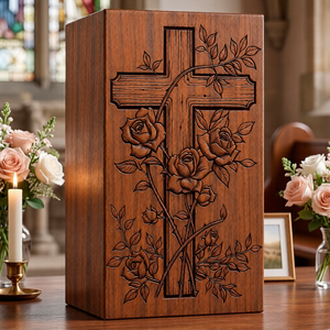 Wooden Rose Cross Urn Carved <b>Memorial</b> Keepsake <b>Box</b> for Funeral Tribute Display - Product Image 1