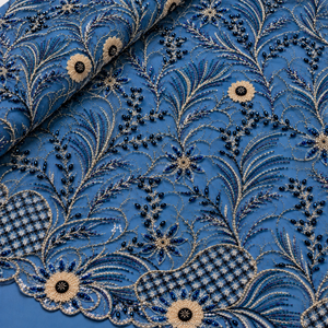 3D Crystal Heavy Stone Beaded Lace Fabric Luxury Floral Design 100% Polyester <b>Black</b> Anti-static 4 Yards Wedding European Indian - Product Image 4
