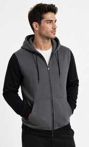 Men's Grey <b>Black</b> Color Block <b>Zip</b> <b>Up</b> <b>Hoodie</b> Raglan Sleeve Hooded Casual Sweatshirt - Product Image 6