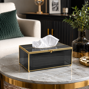 Luxury Smoked Glass Tissue <b>Box</b> Holder Gold Metal Frame Decorative Tissue Case for Home Office Hotel Bathroom <b>Vanity</b> Décor - Product Image 4