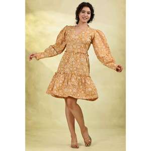 Vestido Midi Floral para Mujer, Color Amarillo Mostaza, Manga Larga, Diseño en Capas, 100% Algodón Ecológico, Cintura Natural, Ligero, para Verano - Product Image 3