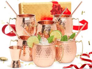 Ensemble de 6 mugs Moscow Mule en cuivre de 16 oz avec pailles et doseur, tasses 100 % cuivre pur avec poignée ergonomique à prise ferme - Product Image 6