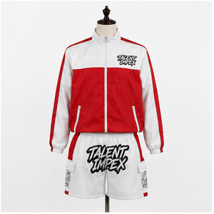 custom Unisex Tracksuit <b>Red</b> White Color Blocking Full Sleeve Zipper Sporty Shorts Set Breathable Polyester Spring Wear - Product Image 1