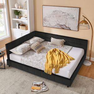 Queen Size Tufted <b>Bed</b> Frame with Comfortable <b>Backrest</b> Armrests Upholstered Sofa <b>Bed</b> <b>for</b> Bedroom Living Room - Product Image 3