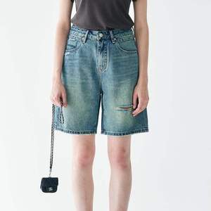 Jeans Cortos de Cintura Alta Personalizados, Rectos, con Rasgaduras, Sexys, de Color Sólido, Vintage, Ecológicos, de Secado Rápido, con Acabado Desgastado Ligeramente en el Lateral - Product Image 1