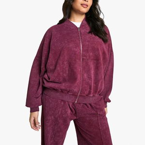 Conjunto de Sudadera y Pantalones Casuales para Mujer, Talla Grande, Color Borgoña, Manga Larga, Cierre Frontal con Cremallera, Bolsillos Laterales, Corte Holgado, Color Sólido - Product Image 5