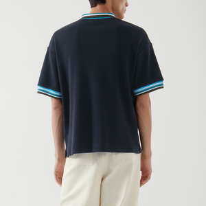 เสื้อโปโลผู้ชายผ้าฝ้าย 100% ลายทางตัดกัน แขนสั้นเรียบง่าย สวมใส่สบาย พร้อมคุณสมบัติป้องกันรอยยับ รับผลิตแบบ ODM - Product Image 4