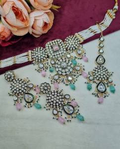 Elegant Kundan Pearl Strand Choker <b>Necklace</b> Set With Earrings And Mangtika Traditional Ethnic Festive Wear Jewellery Collections - Product Image 1