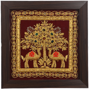 Handcrafted Gold Zardozi <b>Elephant</b> Tree Wall Art Embroidered Decorative Wall Hanging for Luxury Home Hotel Office Interior <b>Decor</b> - Product Image 1