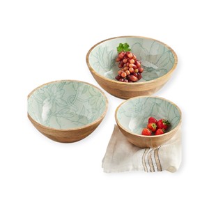 Modern Handmade Wooden <b>Bowl</b> with Green Leaf Print <b>Enamel</b> Interior for Fresh Natural Table Look - Product Image 2