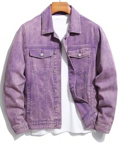 Veste en jean pour homme, classique, boutonnée, bleu uni, coton, décontractée, poches déchirées - Product Image 1