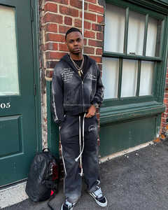 ชุดเสื้อฮู้ดและกางเกงขายาวสำหรับผู้ชายชุดเสื้อฮู้ดผ้าคอตตอน100% ลายพระอาทิตย์จางมีซิปรูดและกางเกงวอร์มตามสั่ง - Product Image 1