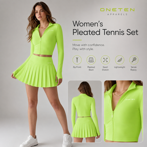 Ensemble de tennis respirant en maille pour femme avec jupe-short zippée, extensible, léger et ajusté, vert - Product Image 1
