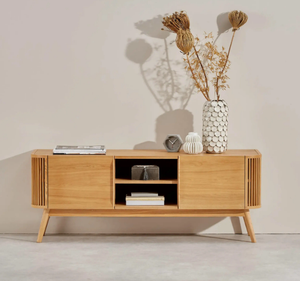 Modern Scandinavian Solid Teak Wood <b>TV</b> <b>Stand</b> Entertainment Center Wooden Media Console Cabinet with Slatted Side Panels - Product Image 6