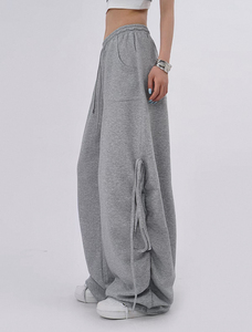 Pantalones Cargo de Pierna Ancha para Mujer, con Cordón Ajustable, Ajuste Holgado, Color Gris Sólido, Estilo Casual Urbano, Cintura Media, Largos, Material de Forro Polar - Product Image 3