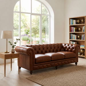 Traditional Chesterfield <b>Sofa</b> Genuine Leather Three Seat Tufted Back Rolled Arms Wood Legs Living Room Furniture Leather <b>Sofa</b> - Product Image 1