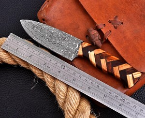 Hand Forged Damascus Steel Skinner Knife Pine Cone Handle Full Tang Fixed Blade Finger Ring Knife with <b>Leather</b> Sheath Custom OEM - Product Image 6