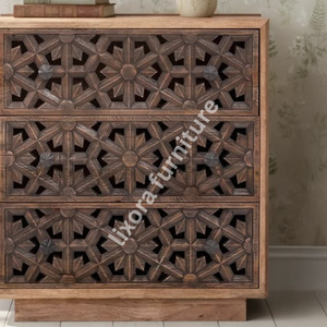 Luxury Handcrafted Solid Wood 3 Drawer Dresser Ornate Geometric Lattice Carving <b>Rustic</b> Teak Finish - Product Image 4