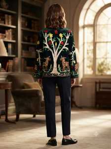 Vintage Embroidered <b>Velvet</b> <b>Jacket</b> <b>Women</b> Stand Collar Button Floral Long Sleeve Coat - Product Image 2