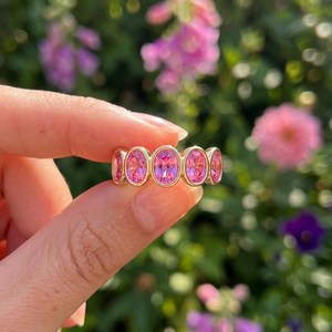 Bague en saphir rose taille ovale, or massif 18 carats, bande fantaisie colorée, pour femme, cadeau de fiançailles pour petite amie - Product Image 3