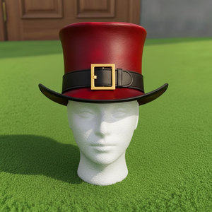Handmade Red Leather Top <b>Hat</b> with Buckle <b>Band</b>, Steampunk Gothic Festival Costume Style - Product Image 3