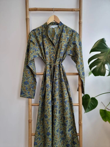 Pur coton mi-longueur vert robe florale élégant confortable indien bloc imprimé respirant bouton décontracté pour les vêtements de jour d'été - Product Image 5