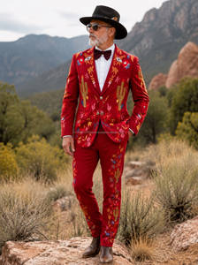 Conjunto de Traje Rojo Bordado Estilo Western para Hombre |   Blazer con Bordado Floral y de Cactus con Pantalones a Juego - Product Image 1