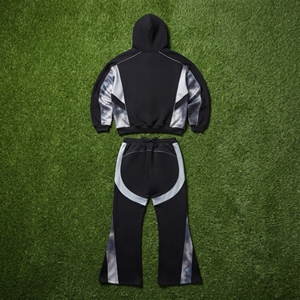 <b>Mens</b> <b>Black</b> Silver <b>Tie</b> Dye Color Block Zip Hoodie Wide Leg Pants Tracksuit Set Custom Streetwear Casual Fashion Look - Product Image 6