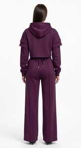 ONETEN APPAREL Women's Maroon Hooded <b>Cropped</b> Sweatshirt Wide Leg <b>Joggers</b> Set Full Sleeve Casual Loose Fit Split Hem Sporty - Product Image 4