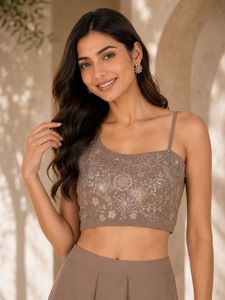 Brown Embroidered Georgette Lehenga Set Floral Spaghetti Strap Crop <b>Top</b> Pleated Maxi Skirt Party Wear - Product Image 3