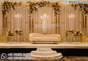 <b>Wedding</b> Reception Stage with Elegant Candle Wall Screens Grand Reception Stage Metal Candle <b>Stand</b> luxury Candle <b>Backdrop</b> Panel - Product Image 3