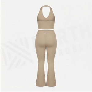 2 Piece Yoga Set Halter Neck Crop Top High Waist Full Length <b>Flared</b> <b>Leggings</b> Solid Color Seamless Sportswear Women's Activewear - Product Image 2