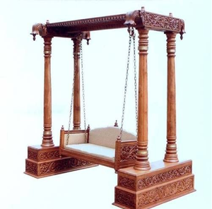Intricately hand-carved solid wooden jhula swing <b>bench</b> with <b>cushioned</b> seating, available at wholesale prices. - Product Image 4