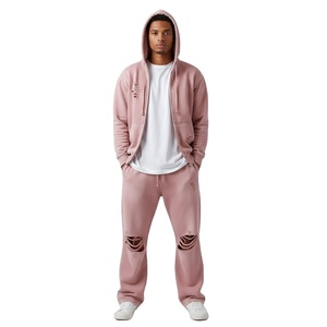 <b>Pink</b> Hooded <b>Tracksuit</b> Set 100% Cotton Lightweight Casual Loose Fit Full Length With Ripped Details For Women Autumn Wear - Product Image 2