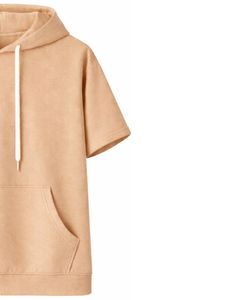 Haut à capuche beige à manches courtes pour homme, pull décontracté, t-shirt léger d'été, streetwear en mélange de coton avec poche kangourou - Product Image 3