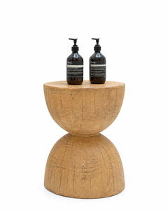 Modern Teak Wood Bathroom Side <b>Table</b> with Artistic Sculptural Hourglass Design - Product Image 1