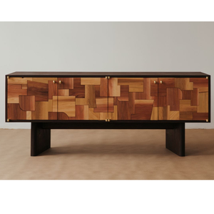 Gabinete de Almacenamiento de Madera de Teca con Diseño de Puerta con Mosaico Único y Base de Madera Oscura Contemporánea - Product Image 1
