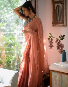KV Traditional <b>Orange</b>-Coloured Embellished Mul Cotton <b>Saree</b> for Party Wrinkle-Free & Reversible Quick Dry Autumn Without Blouse - Product Image 5
