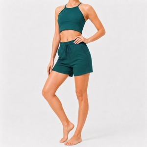 Womens Premium Two Piece Summer Outfit Featuring High Neck Crop Top And Drawstring Pocket Shorts For Daily Comfort - Product Image 1