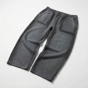 Wholesale Washed Charcoal Raw Edge Sweat pant| Relaxed <b>Cargo</b> Style Joggers Oversized Patch Pocket| OEM Streetwear Loungewear - Product Image 1