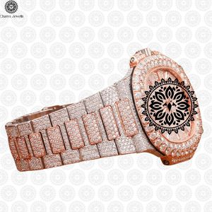 Montre analogique mécanique de luxe Charm Jewells en acier inoxydable incrusté de diamants en or rose, mouvement mécanique, 40 mm, fermoir pliant, mode masculine - Product Image 3
