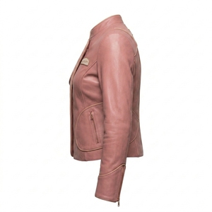 <b>Women</b> Genuine Sheepskin Leather Jacket Asymmetrical Rose Gold Zip Fitted Rider Biker <b>Coat</b> Outerwear Dusty Pink - Product Image 4