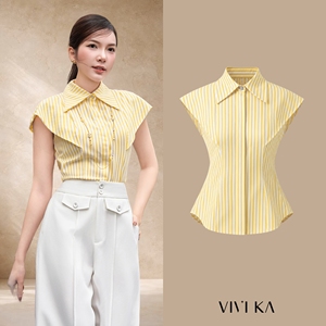 Blusa informal tejida a rayas amarillas para mujer, camisa con mangas casuales, cuello con botones, camisa elegante para primavera y verano MADGE - Product Image 1