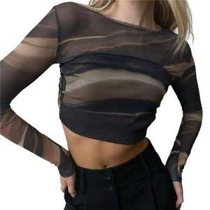 European & American Hot Girls' Autumn Round <b>Neck</b> Fashion Long Sleeve Mesh Print Sexy Backless Short-Length Women's Fitted <b>Top</b> - Product Image 5